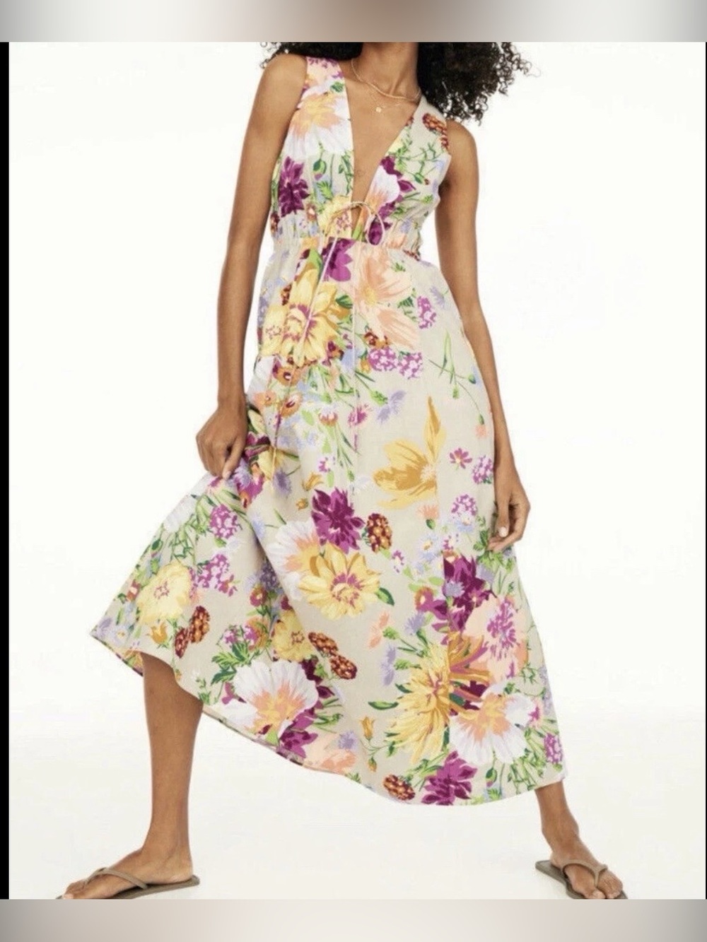 H&M Floral Summer Linen Blend Midi Dress